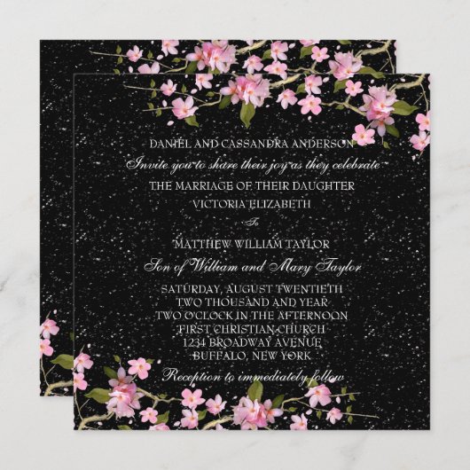 ピンク日本のさくらんぼの花結婚の数 招待状 (正面/裏面)