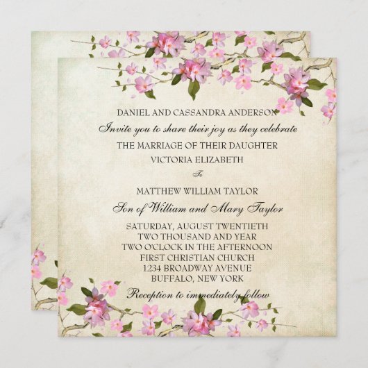 ピンク日本のさくらんぼの花結婚の数 招待状 (正面/裏面)