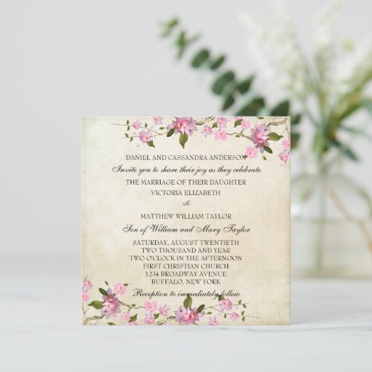 ピンク日本のさくらんぼの花結婚の数 招待状 (スタンド正面)