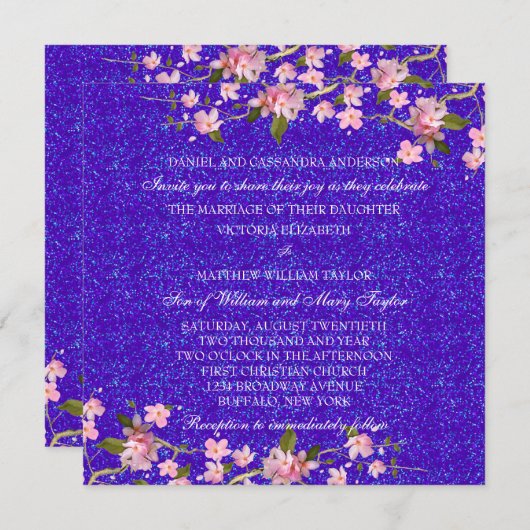 ピンク日本のさくらんぼの花結婚の数 招待状 (正面/裏面)