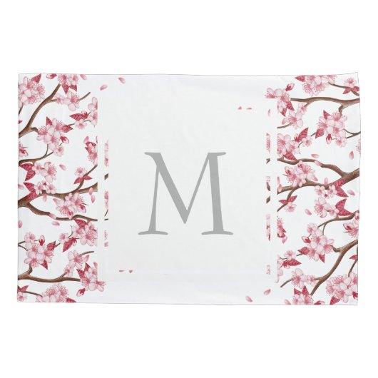 ピンク日本のさくらんぼの花 – モノグラムの 枕カバー (裏面)