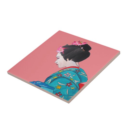 ピンク日本ののさくらんぼが咲く可愛い芸者 タイル (側面)