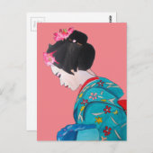 ピンク日本ののさくらんぼが咲く可愛い芸者 ポストカード (正面/裏面)