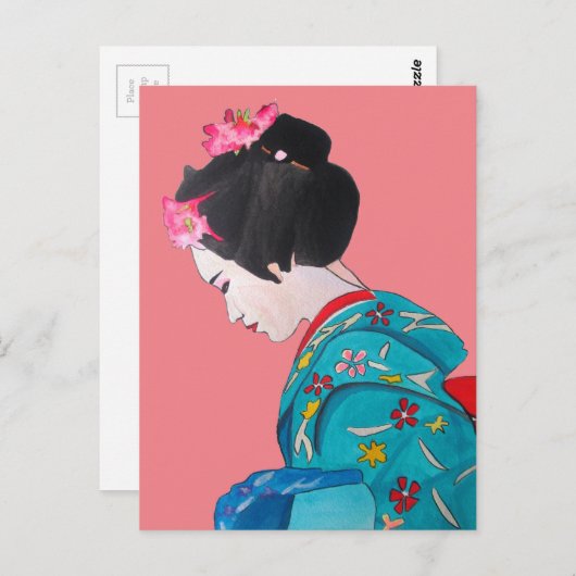 ピンク日本ののさくらんぼが咲く可愛い芸者 ポストカード (正面/裏面)