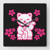 ピンク日本のの招き猫 スクエア壁時計 (正面)