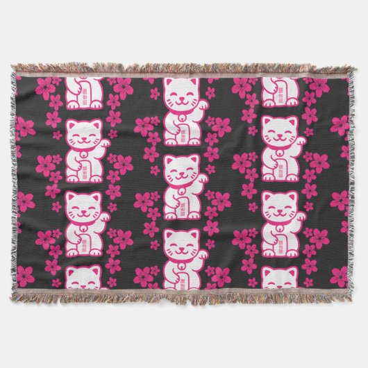 ピンク日本のの招き猫 スローブランケット (正面)