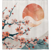 ピンク日本のの梅と月のシャワーカーテン シャワーカーテン (正面)