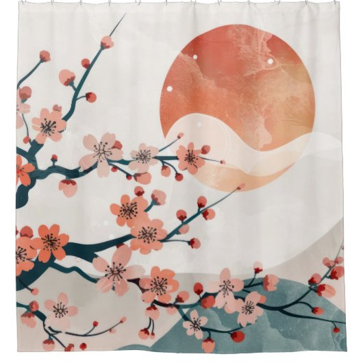 ピンク日本のの梅と月のシャワーカーテン シャワーカーテン (正面)