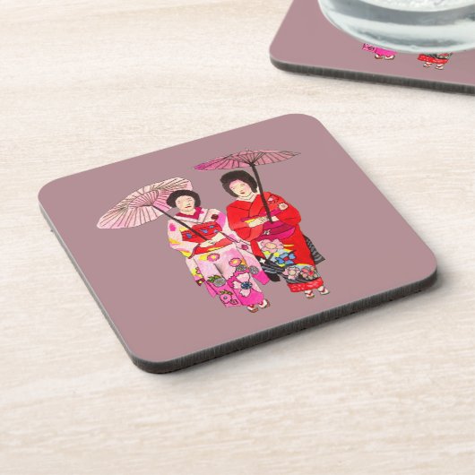 ピンク日本のの着物の可愛い芸者 コースター (左側)