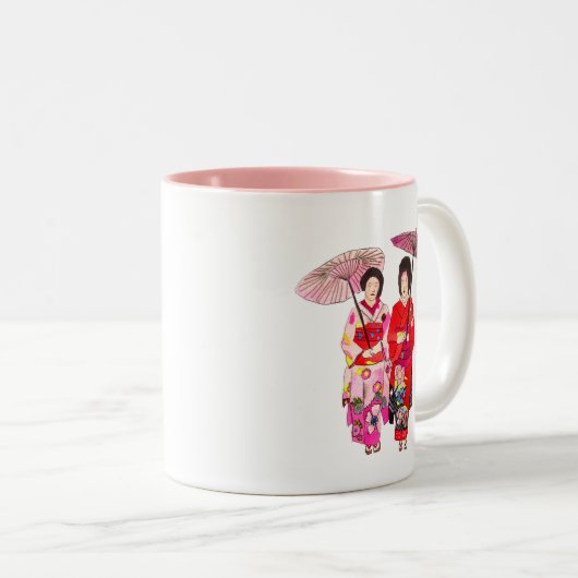 ピンク日本のの着物の可愛い芸者 ツートーンマグカップ (正面右)
