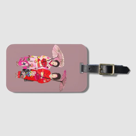 ピンク日本のの着物の可愛い芸者 ラゲッジタグ (正面横)