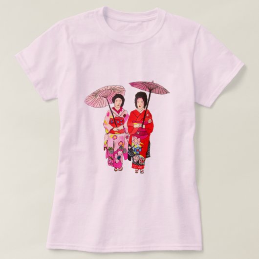 ピンク日本のの着物の可愛い芸者 Tシャツ (デザイン正面)
