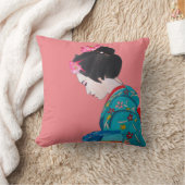 ピンク日本のモダンのさくらんぼの花を持つ芸者 クッション (ブランケット)