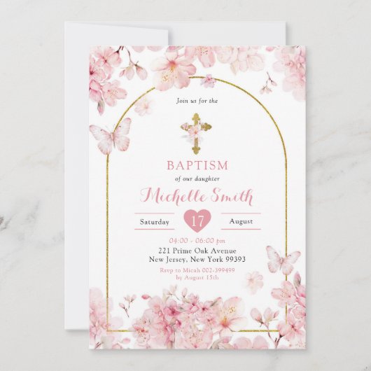 ピンク日本の桜さくらんぼバプテスマ 招待状 (正面)