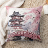 ピンク日本の桜パゴダと橋 クッション (ブランケット)