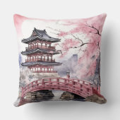 ピンク日本の桜パゴダと橋 クッション (裏面)