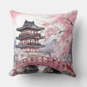 ピンク日本の桜パゴダと橋 クッション (正面)