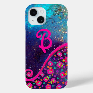 ピンク明るい赤紫色ターコイズブルー抽象芸術デコモノグラム iPhone 15ケース