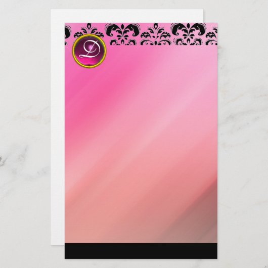 ピンク明るい赤紫色ダマスクアメジスト宝石ストーンモノグラム 便箋 (正面/裏面)