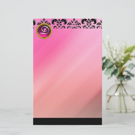 ピンク明るい赤紫色ダマスクアメジスト宝石ストーンモノグラム 便箋 (スタンド正面)