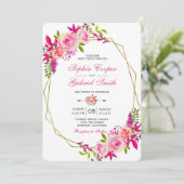 ピンク明るい赤紫色バラフローラ |金ゴールドフレ結婚ーム 招待状 (スタンド正面)