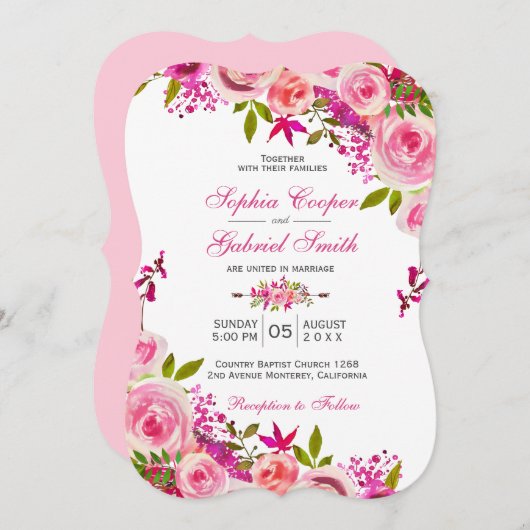 ピンク明るい赤紫色バラ植物性フローラ結婚ズ 招待状 (正面/裏面)