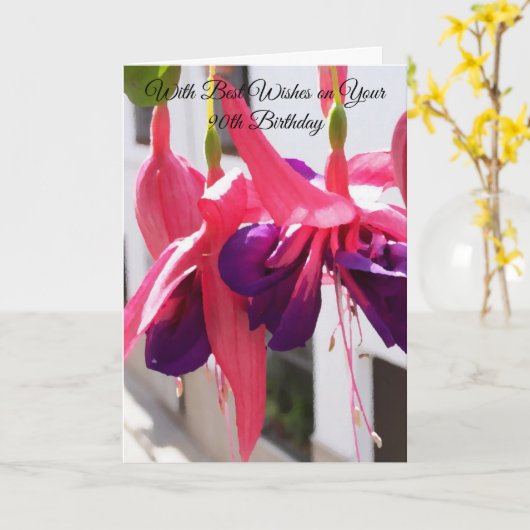 ピンク明るい赤紫色パーソナライズされたフローラ90誕生日 カード (黄色い花)