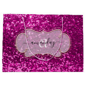 ピンク明るい赤紫色フレーム王室のモノグラム名グリッター ラージペーパーバッグ (裏面)