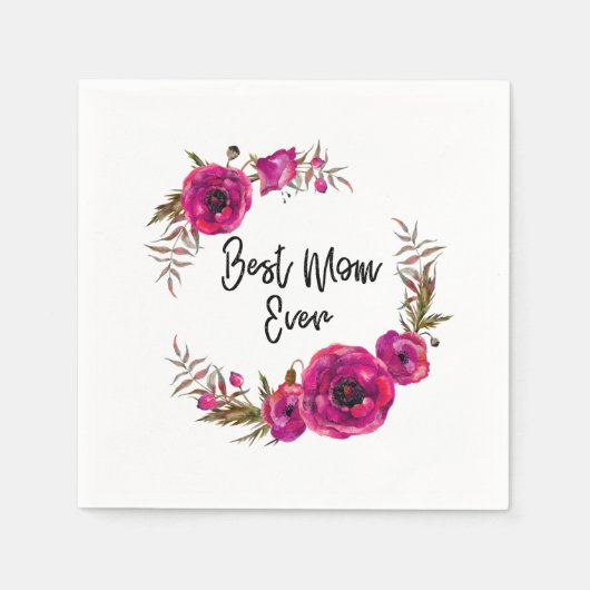 ピンク明るい赤紫色フローラポピーリース最高のママーエバー スタンダードカクテルナプキン (正面)