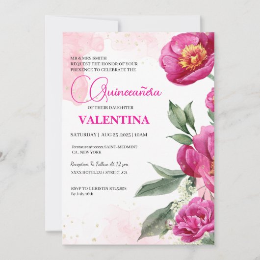 ピンク明るい赤紫色フローラ金ゴールドウォーターカラーキンセアニラ 招待状 (正面)