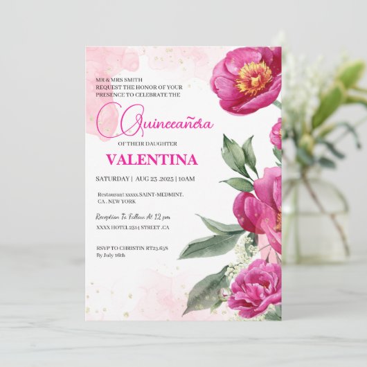 ピンク明るい赤紫色フローラ金ゴールドウォーターカラーキンセアニラ 招待状 (スタンド正面)