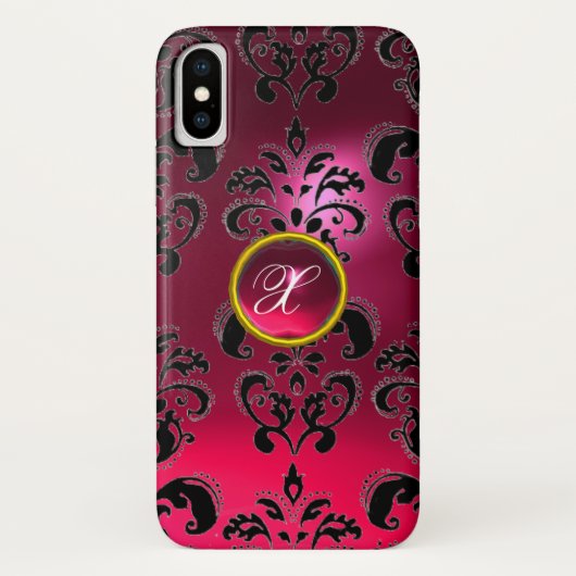 ピンク明るい赤紫色ブラックダマスクジェムストーンモノグラム Case-Mate iPhoneケース (裏面)