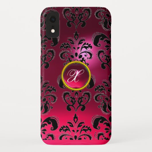 ピンク明るい赤紫色ブラックダマスクジェムモノグラム Case-Mate iPhoneケース (裏面)