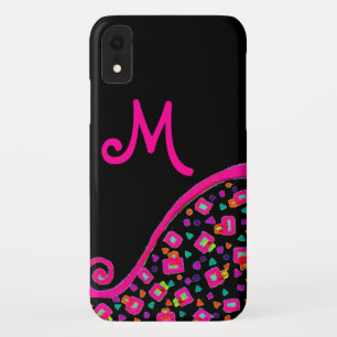 ピンク明るい赤紫色ブラック抽象芸術デコモノグラム iPhone XRケース