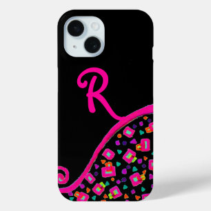 ピンク明るい赤紫色ブラック抽象芸術デコモノグラム iPhone 15ケース
