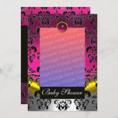 ピンク明るい赤紫色ホワイトダマスク赤ちゃんシャワーモノグラム 招待状 (正面/裏面)