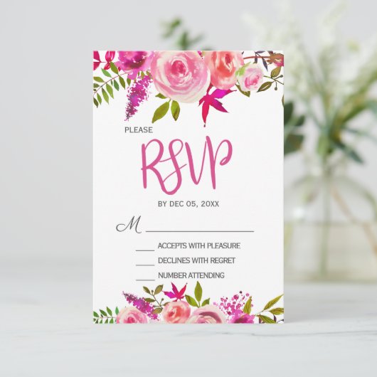 ピンク明るい赤紫色植物性フローラ結婚式RSVPカード 出欠カード (スタンド正面)