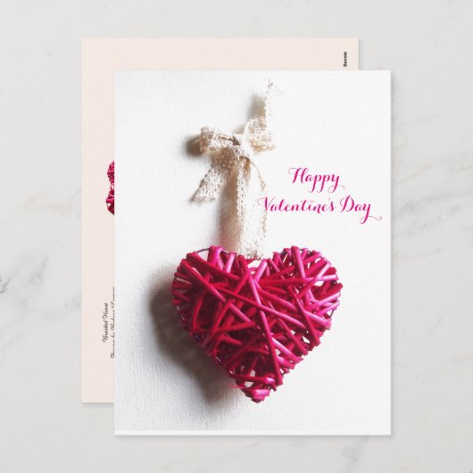 ピンク明るい赤紫色編組ハート，バレンタインデー シーズンポストカード (正面/裏面)