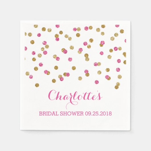 ピンク明るい赤紫色金ゴールド紙吹雪ブライダルシャワー スタンダードカクテルナプキン (正面)