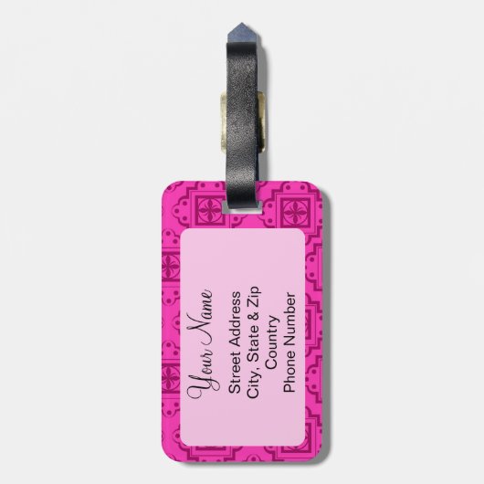 ピンク明るい赤紫色&マゼンタアラベスクモロッコグラフィック ラゲッジタグ (裏面縦)