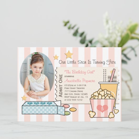 ピンク映画をテーマにした写真の誕生日パーティーの招待 招待状 (スタンド正面)