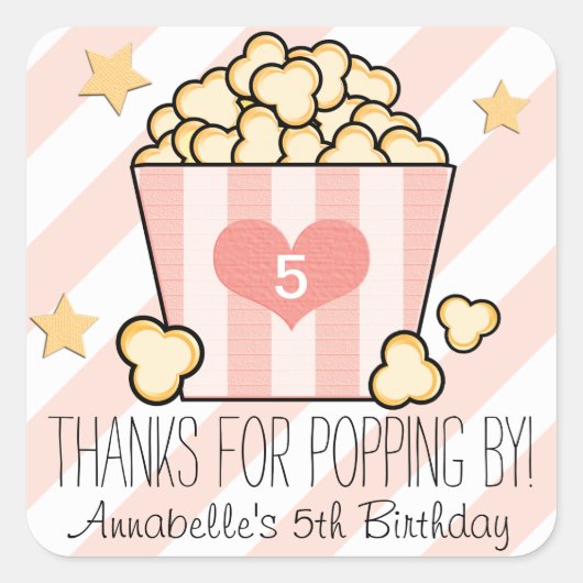 ピンク映画ポップコーンありがとう誕生日パーティーのお願い スクエアシール (正面)