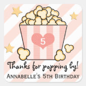 ピンク映画ポップコーンありがとう誕生日パーティーのお願い スクエアシール (正面)