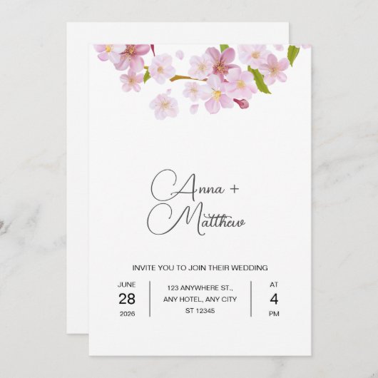 ピンク春さくらんぼフラワー結婚式招待状カード 招待状 (正面/裏面)