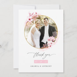 ピンク春さくらんぼ結婚ブロッサムの写真コラージュ サンキューカード