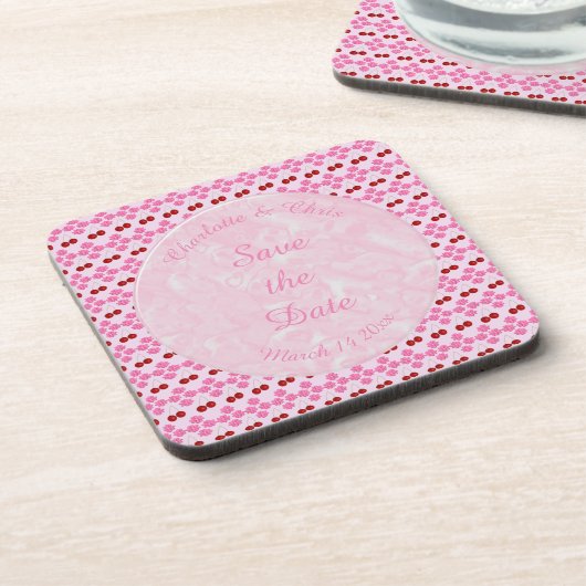 ピンク春の結婚式さくらんぼ花とさくらんぼ コースター (左側)