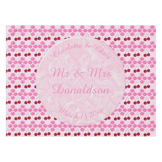 ピンク春の結婚式さくらんぼ花とさくらんぼ テーブルクロス (正面(横))