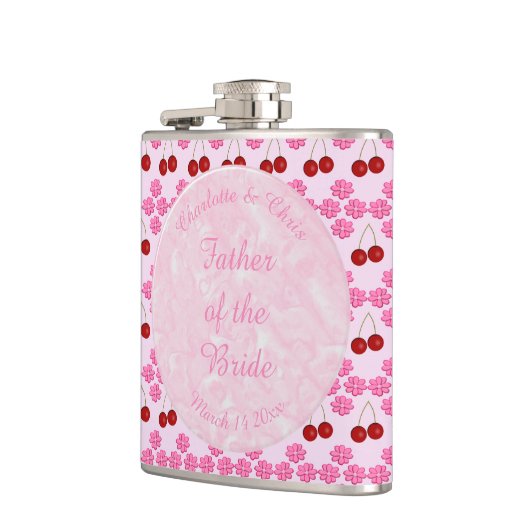ピンク春の結婚式さくらんぼ花とさくらんぼ フラスク (左)
