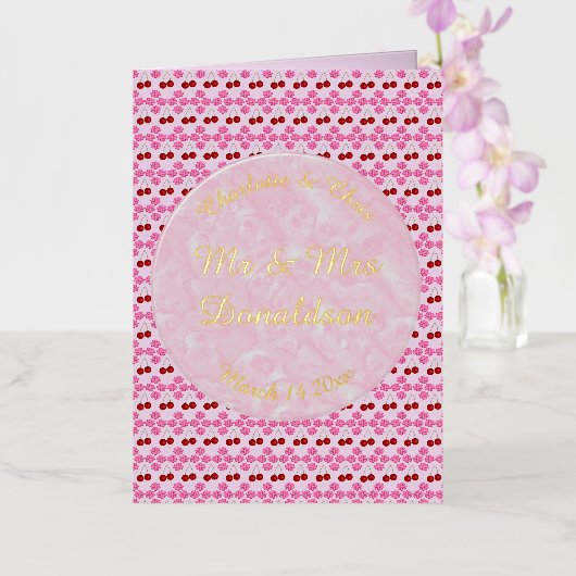 ピンク春の結婚式さくらんぼ花とさくらんぼ 箔グリーティングカード (蘭)