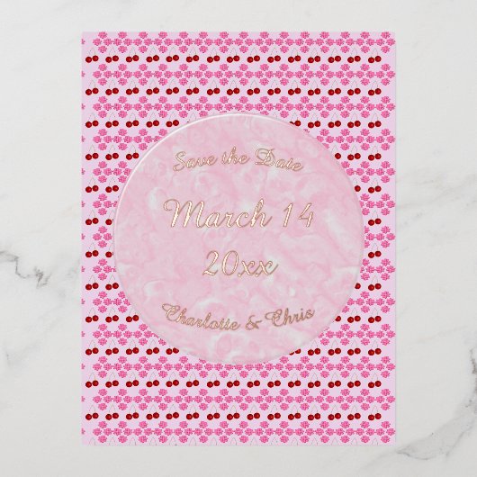 ピンク春の結婚式さくらんぼ花とさくらんぼ 箔シーズンポストカード (正面)